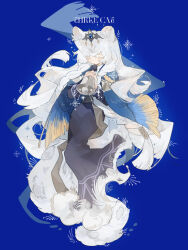  1girl animal_ear_fluff animal_ears arknights bell black_dress blue_background blue_cloak blue_shawl braid chinese_commentary cloak closed_eyes closed_mouth commentary_request dress facing_viewer full_body highres holding holding_bell long_hair long_sleeves pramanix_(arknights) pramanix_the_prerita_(arknights) richanggangaozi shawl snow_leopard_ears snow_leopard_girl snow_leopard_tail snowflakes solo standing tail tiara twin_braids very_long_hair white_hair 