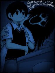  bathroom black_hair brother_and_sister commentary dress empty_eyes english_commentary english_text hands_on_another's_shoulders heart hellmari_(omori) highres mari_(omori) nrdeluxe omori siblings sink sunny_(omori) sweater_vest white_dress 