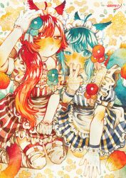  2girls absurdres animal_ear_fluff animal_ears apron aqua_eyes aqua_hair aqua_tail arm_support artist_name bright_pupils cat_ears cat_girl cat_tail commentary_request dress floral_background floral_print frilled_dress frills garter_straps gloves hair_ornament hand_on_own_head hand_on_own_thigh hand_to_own_mouth hand_up highres kneeling lips long_hair maid maid_apron maid_headdress medium_hair multiple_girls na_756 original painting_(medium) puffy_short_sleeves puffy_sleeves red_eyes red_hair red_tail short_sleeves side-by-side sitting straight-on striped_clothes striped_dress tail thigh-highs traditional_media uneven_eyes v vertical-striped_clothes vertical-striped_dress very_long_hair wariza watercolor_(medium) watermark white_gloves white_pupils white_thighhighs 