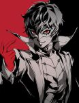  1boy amamiya_ren black_background black_hair black_sclera colored_sclera gloves highres jacket looking_to_the_side male_focus mask monochrome persona persona_5 pertex_777 red_background red_eyes red_gloves simple_background smile solo teeth two-tone_background 