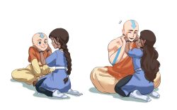  1boy 1girl aang aged_up arrow_(symbol) arrow_tattoo avatar:_the_last_airbender avatar_aang:_the_last_airbender avatar_legends bald blind blue_tattoo couple dark-skinned_female dark_skin forehead_tattoo head_tattoo highres husband_and_wife katara looking_at_another nicehi orange_robe robe smile tattoo 
