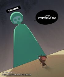  1boy 1girl ? animal_ears brown_dress brown_hair commentary corrupted_twitter_file discord discord_logo discord_username dress english_commentary english_text highres jerry_(tom_and_jerry) long_hair mini_person minigirl morgzkun mouse_ears mouse_girl open_mouth personification scared shadow tom_and_jerry trembling you_gonna_get_raped 