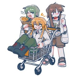  3girls ^_^ alternate_costume bag baguette black_boots blonde_hair boots bread brown_hair brown_shorts closed_eyes closed_mouth commentary contemporary food green_hair green_pants grin highres holding holding_bag holding_paper l_fzxxxx long_hair long_sleeves matara_okina missing_headwear multiple_girls nishida_satono pants paper paper_bag plastic_bag shirt shopping_cart shopping_list short_hair_with_long_locks shorts simple_background sleepy smile teireida_mai touhou untranslatable_commentary violet_eyes white_background white_shirt 