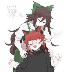  <|>_<|> 2girls :3 animal_ear_fluff animal_ears biting biting_ear blush bow braid brown_hair cat_ears collared_shirt commentary dress english_commentary extra_ears frilled_shirt_collar frills green_bow green_skirt hair_bow highres kaenbyou_rin long_hair long_sleeves mata_(matasoup) multiple_girls open_mouth pointy_ears puffy_short_sleeves puffy_sleeves red_hair reiuji_utsuho shirt short_sleeves simple_background skirt touhou twin_braids very_long_hair white_background white_shirt 