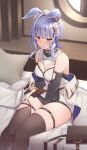  1girl animal_ears between_breasts blue_hair blush breasts detached_sleeves ears_down erune gloves granblue_fantasy hat highres keima_ron medium_breasts on_bed skindentation strap_between_breasts thick_thighs thigh-highs thigh_strap thighs tikoh violet_eyes white_gloves 