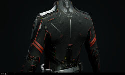  3d belt black_jacket blender_(medium) commentary company_logo copyright_logo copyright_name dark_background dated english_commentary eve_online from_behind grey_background grey_belt highres jacket logo long_sleeves marmoset_toolbag_(medium) maya_(medium) minmatar_republic_(eve_online) no_humans official_art photorealistic realistic red_trim undoz upper_body zbrush_(medium) 