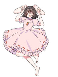  1girl :d ;d absurdres animal_ears barefoot carrot_necklace commentary_request dress frilled_dress frills full_body hair_between_eyes highres inaba_tewi jewelry looking_at_viewer medium_hair necklace nnn_lu one-hour_drawing_challenge one_eye_closed open_mouth pendant pink_dress puffy_short_sleeves puffy_sleeves rabbit_ears rabbit_girl rabbit_tail red_eyes ribbon-trimmed_dress ribbon_trim short_sleeves simple_background smile solo tail toes touhou white_background 