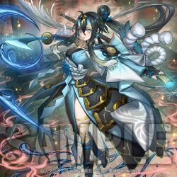  1girl ahoge anonymous_(yu-gi-oh!) arm_guards asymmetrical_legwear black_hair blonde_streaks blue_eyes chinese_knot choker duel earrings eyelashes full_body good_luck_knot gradient_background hair_between_eyes hair_bun hair_intakes holding holding_sword holding_weapon horns jewelry long_hair long_sidelocks looking_at_viewer mikumari_the_sealing_deity_asutra mismatched_legwear multicolored_hair obi obiage obijime official_art rope sample_watermark sash shimenawa sidelocks single_bare_shoulder single_horn solo standing streaked_hair sword watermark weapon white_hair yu-gi-oh! 