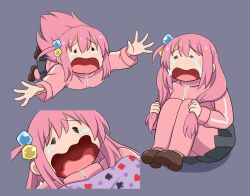  1girl =_= bocchi_the_rock! commentary_request crying frieren's_three-day_tantrum gotoh_hitori highres long_hair parody pink_hair scene_reference simple_background sitting sousou_no_frieren suwaneko track_suit 