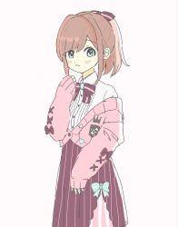  1girl :3 blush bow bowtie brown_hair cardigan center_frills closed_mouth club_(shape) collared_shirt commentary diamond_(shape) frilled_shirt frills gem green_bow green_eyes green_gem hair_bow hair_intakes heart highres long_sleeves looking_at_viewer medium_hair naekinae nijisanji pink_bow pink_bowtie pink_cardigan pink_skirt purple_bow purple_bowtie purple_skirt shirt simple_background skirt sleeves_past_wrists smile solo spade_(shape) striped_bow striped_bowtie striped_clothes striped_skirt suzuhara_lulu suzuhara_lulu_(1st_costume) two-tone_bow two-tone_bowtie vertical-striped_clothes vertical-striped_skirt virtual_youtuber white_shirt 