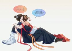  2girls absurdres black_eyes black_hair black_hanfu black_shoes charathegay chinese_clothes chinese_hairpin closed_eyes commentary crying english_text hair_ornament hair_stick hanfu highres huadian hug jing_wei_qing_shang multiple_girls nangong_jingnu on_ground qiyan_agula red_hanfu shoes topknot yellow_eyes 
