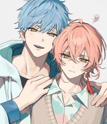  2boys :| blue_hair blue_pupils brothers closed_mouth earrings hair_between_eyes hands_on_another's_shoulders highres hood hoodie jewelry layered_clothes layered_sleeves male_focus multicolored_shirt multiple_boys nualp3 open_mouth pink_hair shirt short_hair siblings smile spots squiggle strange_eden sweater_vest white_hoodie yurano_michitaka_(strange_eden) yurano_senri_(strange_eden) 