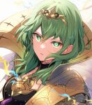  1girl alternate_hair_color black_coat byleth_(fire_emblem) byleth_eisner_(female) close-up coat enlightened_byleth_(female) fire_emblem fire_emblem:_three_houses fire_emblem_heroes green_eyes green_hair highres looking_at_viewer medium_hair nakabayashi_zun open_mouth portrait simple_background solo tiara 