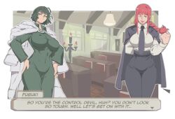  2girls absurdres black_coat black_pants braid braided_ponytail breasts chainsaw_man coat collared_shirt colored_speech_bubble covered_abs crossover fubuki_(one-punch_man) green_eyes green_hair highres hood hooded_jacket jacket jewelry large_breasts long_sidelocks long_sleeves makima_(chainsaw_man) michel_teru multiple_girls necklace necktie one-punch_man pants red_hair ringed_eyes shirt short_hair sidelocks speech_bubble tongue tongue_out white_shirt wide_hips yellow_eyes 