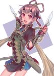  1girl armor breasts fingerless_gloves gensou_suikoden gensou_suikoden_v gloves hair_rings headband highres knife looking_at_viewer miakis_(gensou_suikoden) open_mouth purple_hair sakai_(motomei) short_hair skirt smile solo violet_eyes weapon 