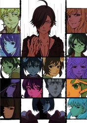  3boys 6+girls araragi_karen araragi_koyomi araragi_tsukihi backpack bag black_hair blonde_hair boxcutter brown_eyes brown_hair commentary_request gaen_izuko god_nadeko green_eyes green_hair hachikuji_mayoi hanekawa_tsubasa hat highres kagenui_yozuru kaiki_deishuu kanbaru_suruga kiss-shot_acerola-orion_heart-under-blade kubo_tite_(style) monogatari_(series) multiple_boys multiple_girls naoetsu_high_school_uniform oikura_sodachi ononoki_yotsugi oshino_meme oshino_ougi oshino_shinobu purple_hair school_uniform sengoku_nadeko senjougahara_hitagi shaolong snake_hair twintails violet_eyes white_background white_hair yellow_eyes 