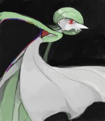  black_background bob_cut colored_skin dress feet_out_of_frame gardevoir green_hair green_skin hair_over_one_eye multicolored_skin nomiko_524 one_eye_covered outstretched_arms parted_lips pokemon pokemon_(creature) pokemon_focus red_eyes solo two-tone_skin white_dress white_skin 