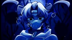  1boy air_bubble animification asphyxiation black_eyes blue_theme bubble commentary drawstring drowning english_commentary headband highres hood hood_down hoodie looking_at_viewer male_focus myrth parted_bangs parted_lips short_hair solo the_search_for_the_leviathan underwater wide-eyed wifies zipper_pull_tab 