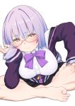  1girl :/ absurdres adjusting_eyewear bangs barefoot black_skirt blush bow bowtie breasts closed_mouth copyright_name dutch_angle eyebrows_visible_through_hair feet glasses gridman_universe highres hori_shin indian_style large_breasts leaning_forward long_sleeves looking_at_viewer pink_eyes pleated_skirt purple_bow purple_bowtie semi-rimless_eyewear shinjou_akane shirt short_hair signature silver_hair simple_background sitting skirt sleeves_past_wrists solo ssss.gridman tinted_eyewear toe-point toes white_background white_shirt yellow-tinted_eyewear 