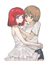  2girls :/ bare_arms bare_shoulders blue_eyes blue_skirt blush_stickers breasts brown_hair chongfeng235 closed_mouth collarbone colored_eyelashes cowboy_shot crew_neck degrees_of_lewdity double-parted_bangs dress frilled_dress frills from_side hair_between_eyes hands_on_another's_back hands_on_another's_shoulders hands_up highres layered_dress looking_ahead looking_at_viewer medium_breasts miniskirt multiple_girls no_sclera player_character_(degrees_of_lewdity) player_character_(female)_(degrees_of_lewdity) red_hair robin_(degrees_of_lewdity) robin_(female)_(degrees_of_lewdity) shirt short_hair short_sleeves simple_background skirt sleeveless sleeveless_dress smirk standing violet_eyes white_background white_dress white_shirt 