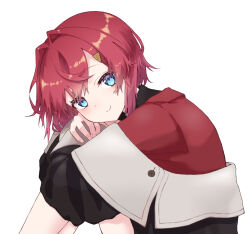  1girl ange_katrina ange_katrina_(1st_costume) black_coat blue_eyes blush cardigan closed_mouth coat commentary from_side hair_intakes hair_ornament hairclip head_rest hugging_own_legs knees_up looking_at_viewer looking_to_the_side mashico_ocihsam medium_hair nijisanji off_shoulder red_cardigan red_hair simple_background sitting smile solo triangle_hair_ornament turning_head untranslatable_commentary upper_body virtual_youtuber white_background 