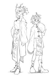  1boy 1girl alternate_costume alternate_hairstyle antlers bare_shoulders brother_and_sister carmine_(pokemon) chinese_clothes commentary_request crossed_bangs detached_sleeves full_body hair_bun highres horns kieran_(pokemon) long_hair looking_at_viewer mole mole_under_eye monochrome ofuton_1414 pointy_ears pokemon pokemon_scarlet_and_violet shorts siblings side_slit simple_background sleeves_past_fingers sleeves_past_wrists standing tangzhuang white_background 