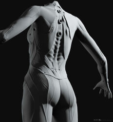  1girl 3d ass bodysuit breasts commentary company_logo company_name copyright_logo copyright_name cowboy_shot dark_background dated drifters_(eve_online) english_commentary eve_online from_behind grey_background greyscale headless highres logo medium_breasts monochrome official_art solo undoz zbrush_(medium) 