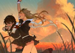  2girls black_gloves black_hair black_ribbon black_skirt black_socks blue_eyes brown_hair character_name closed_eyes clouds colorful_clouds commentary_request earrings evening fingerless_gloves from_side gloves grass hair_between_eyes hair_flaps hair_ornament highres jewelry kantai_collection kneehighs long_hair millroi1000 multiple_girls one_eye_closed open_mouth outdoors pleated_skirt ribbon running sailor_collar scarf school_uniform serafuku shigure_(kancolle) shigure_kai_ni_(kancolle) short_sleeves skirt sky socks white_sailor_collar yuudachi_(kancolle) yuudachi_kai_ni_(kancolle) 