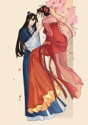  2girls absurdres arm_behind_back black_hair blue_hanfu charathegay chinese_clothes commentary english_commentary flower hair_between_eyes hair_flower hair_ornament half_updo hanfu highres invisible_chair jing_wei_qing_shang long_hair multiple_girls nangong_jingnu petals qiyan_agula red_hanfu red_petals rose sitting smile standing topknot very_long_hair yellow_eyes 