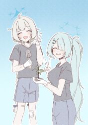  2girls absurdres alternate_costume bandaid bandaid_on_knee bandaid_on_leg black_shirt blue_archive blue_background blue_halo blue_shorts braid breasts closed_eyes cowboy_shot flat_chest green_halo grey_hair hair_ornament hairclip halo happy highres hiyori_(blue_archive) holding_sapling large_breasts maia_(blue_archive) multiple_girls one_eye_covered open_mouth shirt shorts shovel side_ponytail simple_background smile tachibana_(tachibanablac) v 