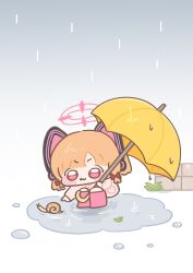  1girl :3 absurdres animal_ear_headphones animal_ears blonde_hair blue_archive blunt_bangs blush_stickers boots cat_ear_headphones cat_ears chibi chibi_only closed_mouth coat commentary_request fake_animal_ears full_body halo headphones highres holding holding_umbrella korean_commentary leaf long_sleeves momoi_(blue_archive) mong_geu_jak pink_boots pink_coat pink_halo puddle rain rubber_boots short_hair snail solo squatting umbrella v-shaped_eyebrows yellow_umbrella 