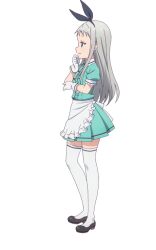  1boy apron black_hairband black_shoes black_trim blend_s center_frills closed_mouth collared_shirt contrast_collar frilled_apron frills from_side full_body gloves green_eyes green_shirt green_skirt grey_hair hairband hand_on_own_chin hand_on_own_elbow high_heels invisible_floor kanzaki_hideri long_hair long_sidelocks looking_ahead male_focus miniskirt official_art pleated_skirt profile puffy_short_sleeves puffy_sleeves pumps shirt shoes short_sleeves sidelocks simple_background skirt solo standing stile_uniform tachi-e thigh-highs transparent_background trap waist_apron white_apron white_gloves white_thighhighs 