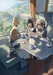  3girls apron black_hair breasts brown_hair card chair commentary_request cup from_above highres indoors lamp long_hair maid maid_apron maid_headdress medium_breasts mountain multiple_girls on_chair open_mouth original playing_card poker scenery shii_(kairi-t-k0317) sky socks sweatdrop teacup train_interior white_socks wide_shot 