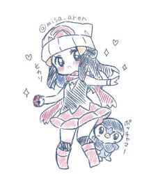  artist_name beanie bird boots commentary deformed hat heart hikari_(pokemon) holding holding_poke_ball misa_aren penguin pink_boots pink_skirt piplup poke_ball poke_ball_(basic) poke_ball_print poke_ball_symbol pokemon pokemon_(creature) pokemon_diamond/pearl/platinum red_scarf scarf skirt sparkle white_background white_hat 