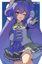  1girl :d ;d ahoge black_gloves black_skirt blue_background blue_eyes blue_hair blurry blurry_foreground blush border bright_pupils commentary_request cowboy_shot depth_of_field double-parted_bangs frilled_skirt frills gloves hair_between_eyes highres long_hair long_sleeves looking_at_viewer miniskirt multicolored_hair one_eye_closed open_mouth otomachi_una otomachi_una_(sv) outside_border outstretched_arm pleated_skirt pointing pointing_at_viewer purple_shirt purple_streaks shirt simple_background skirt smile solo sparkle streaked_hair synthesizer_v tetenka twintails twitter_username very_long_hair vocaloid white_border white_pupils 