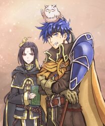  2boys animal_on_head armor bird black_hair blue_eyes blue_hair book commentary_request facial_mark feh_(fire_emblem_heroes) fire_emblem fire_emblem:_path_of_radiance fire_emblem_heroes forehead_mark gloves holding holding_book ike_(brave_mercenary)_(fire_emblem) ike_(fire_emblem) long_hair male_focus multiple_boys official_alternate_costume on_head owl pauldrons red_eyes short_hair shoulder_armor single_pauldron soren_(fire_emblem) squirrel sumuco 
