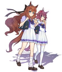  2girls absurdres animal_ears bag black_bag black_bow black_shoes blue_bow blue_eyes bow bowtie brown_hair cherry_blossoms closed_mouth cup dexien disposable_cup drinking drinking_straw ear_bow ear_covers flower full_body hair_between_eyes hair_bow hair_flower hair_ornament highres holding holding_cup horse_ears horse_girl loafers long_hair looking_at_viewer loose_socks maruzensky_(umamusume) multiple_girls pleated_skirt puffy_short_sleeves puffy_sleeves purple_bow purple_bowtie purple_hair purple_shirt sailor_collar sakura_chiyono_o_(umamusume) school_bag shadow shirt shoes short_hair short_sleeves shoulder_bag simple_background skirt smile socks standing thigh-highs umamusume walking white_background white_sailor_collar white_skirt white_socks white_thighhighs 