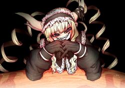  1girl absurdres bad_source commentary_request demon_girl demon_horns dress drill_hair gloves goth_fashion gothic_lolita highres horns lolita_fashion long_hair musuko_ga_kawaikute_shikatanai_mazoku_no_hahaoya nightmare_(mazohaha) pointy_ears sharp_teeth smile solo teeth violet_eyes white_horns zyugoya 