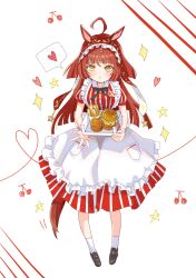  1girl absurdres ahoge animal_ears apron biscuit_(bread) black_bow black_shoes blunt_bangs blunt_ends blunt_sidelocks blush bow breasts burger cherry closed_mouth dress employee_uniform fast_food fast_food_uniform food french_fries frills fruit hair_between_eyes hairband heart highres horse_ears horse_girl horse_tail kfc levi_asu14 long_hair looking_at_viewer red_desire_(umamusume) red_dress red_hair red_hairband red_headdress red_veil shoes short_sleeves sidelocks small_breasts smile socks solo spoken_heart star_ornament striped_clothes striped_dress tail umamusume veil vertical-striped_clothes vertical-striped_dress white_apron white_socks white_wrist_cuffs wrist_cuffs yellow_eyes 