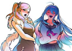  2girls ahoge black_skirt blue_dress blue_eyes crying curtained_hair danganronpa_(series) danganronpa_another dress feather_boa hair_between_eyes hair_ornament highres jewelry kabuya_yoruko long_hair multiple_girls neckerchief necklace open_mouth pink_hair pleated_skirt pock5766 ponytail sailor_collar school_uniform serafuku shirt short_hair short_sleeves side_ponytail simple_background skirt smile sora_(super_danganronpa_another_2) super_danganronpa_another_2 swept_bangs tears very_long_hair white_background white_fur white_hair white_shirt 