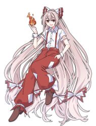  1girl :d absurdly_long_hair absurdres boots bow brown_boots collared_shirt commentary_request fire fujiwara_no_mokou full_body hair_bow hand_in_pocket highres long_hair looking_at_viewer multiple_hair_bows nnn_lu ofuda ofuda_on_clothes one-hour_drawing_challenge open_mouth pants pink_hair pyrokinesis red_eyes red_pants shirt short_sleeves simple_background smile solo suspenders torn_clothes torn_sleeves touhou very_long_hair white_shirt white_wrist_cuffs wrist_cuffs 