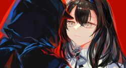  1girl 1other ambiguous_gender arknights black_coat black_hairband black_jacket bow brown_hair closed_mouth coat commentary_request diamond_(shape) doctor_(arknights) fumi_(rdbm) grey_eyes hairband highres hood hood_up hooded_coat hooded_jacket jacket medium_hair priestess_(arknights) red_background shirt simple_background smile sweater turtleneck turtleneck_shirt turtleneck_sweater white_bow white_shirt white_sweater 