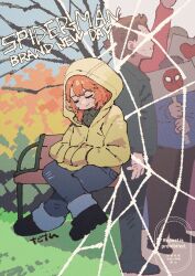  brown_hair coat commentary highres hood jean_grey long_hair marvel open_clothes orange_hair peter_parker red_hair short_hair silk smile spider-man spider-man:_brand_new_day spider-man_(original_suit) spider-man_(series) spider_web spoilers tetsu_(teppei) tree x-men 