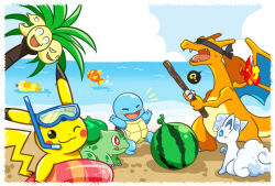  alolan_exeggutor alolan_vulpix beach blindfold blush_stickers bulbasaur charizard clouds commentary_request food fruit hatsuru_826 holding holding_stick innertube musical_note open_mouth pikachu pokemon pokemon_(creature) psyduck spoken_musical_note squirtle stick suikawari swim_ring watermelon 