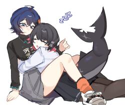  2girls belle_(zenless_zone_zero) black_hair black_pantyhose black_shirt black_skirt blue_eyes blue_hair blush closed_eyes closed_mouth commentary drooling ellen_joe fins fish_tail grey_skirt hug jewelry multiple_girls necklace open_mouth pantyhose phaethonchan pleated_skirt shark_tail shirt short_hair simple_background skirt sleeping smile sweatdrop tail untranslatable_commentary white_background white_shirt yuri zenless_zone_zero zzz 