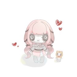  1girl ahoge animal bare_shoulders barefoot belt black_belt black_eyes black_ribbon bow bow_choker bowtie bra_strap button_eyes buttons cat chibi chinese_commentary choker cloak clothed_animal commentary_request doll ear_covers eyelashes frilled_skirt frilled_sleeves frills hair_ribbon heart hood hood_up hooded_cloak infinity_nikki layered_skirt long_hair long_sleeves medium_skirt momo_(nikki) nikki_(nikki) nikki_(series) objectification off-shoulder_shirt off_shoulder perfect_start_(infinity_nikki) pink_choker pink_hair pink_skirt red_bow red_bowtie ribbon sanwenyuyuzi shadow shirt simple_background skirt sleeves_past_wrists standing traditional_bowtie tress_ribbon very_long_hair white_background white_cat white_shirt white_skirt x_mouth x_navel yellow_cloak 