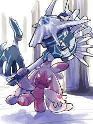  dialga hammer highres holding holding_hammer leg_up no_humans pillar pokemon pokemon_(creature) pokemon_focus shigurio surprised tail theft tinkaton 