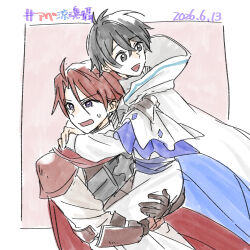  2boys abel_(mizuzokusei_no_mahoutsukai) black_hair border carrying carrying_person chakita child_carry cloak commentary_request crossed_bangs dated highres hood hooded_cloak long_sleeves male_focus mizuzokusei_no_mahoutsukai multiple_boys open_mouth red_hair robe ryou_(mizuzokusei_no_mahoutsukai) short_hair smile sweatdrop white_border white_cloak white_robe 