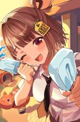  1girl :d ;d absurdres akabeko black_necktie blurry blurry_background blush breasts brown_hair collared_shirt commentary_request feeding_viewer food gingham_clothes gingham_skirt grey_skirt hair_ornament hair_rings highres kizinn0526 looking_at_viewer medium_breasts medium_hair miniskirt necktie one_eye_closed open_mouth playground pleated_skirt popsicle red_eyes sendo_yuuhi sendo_yuuhi_(1st_costume) shirt single_hair_ring skirt smile solo spring_(object) spring_rider virtual_youtuber vspo! white_shirt 