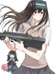  3girls assault_rifle breasts brown_eyes brown_hair bullpup character_request cosplay family_guy_death_pose_(meme) fn_f2000 girls_frontline gun highres holding holding_gun holding_weapon lezissmitozer long_hair m4a1_(girls'_frontline) meme misaka_mikoto misaka_mikoto_(cosplay) multicolored_hair multiple_girls rifle school_uniform streaked_hair summer_uniform toaru_kagaku_no_railgun toaru_majutsu_no_index tokiwadai_school_uniform weapon 